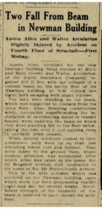 Newspaper article about Austin Allen injured during Newman Building construction