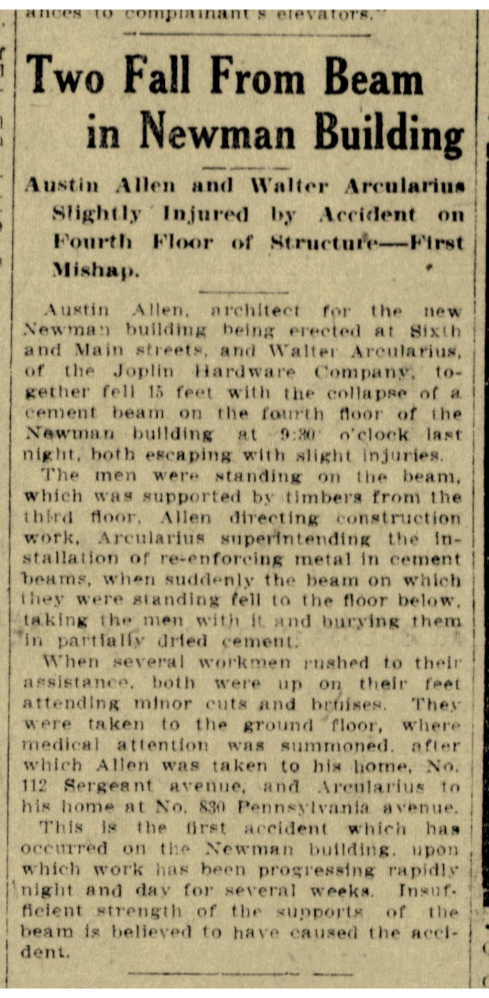 Newspaper article about Austin Allen injured during Newman Building construction